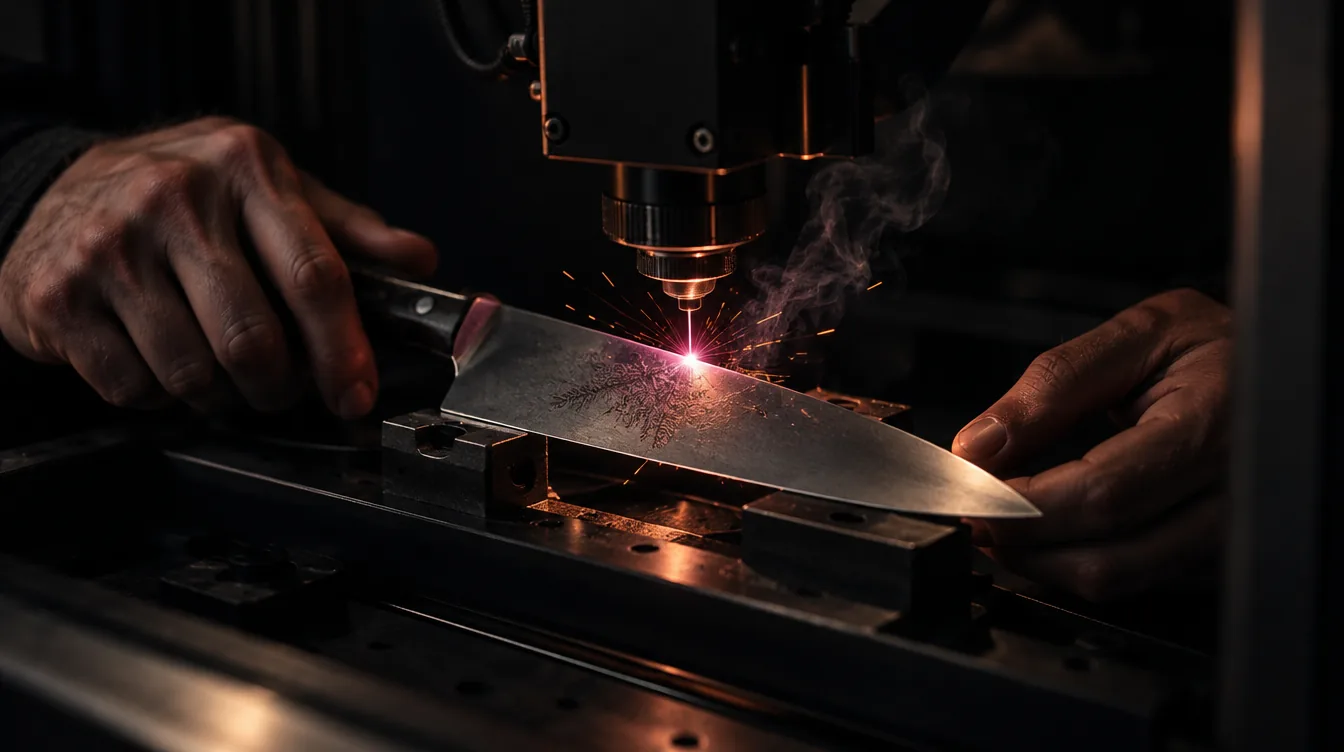Ruce obsluhující laser při gravírování kovu v potemnělé dílně.